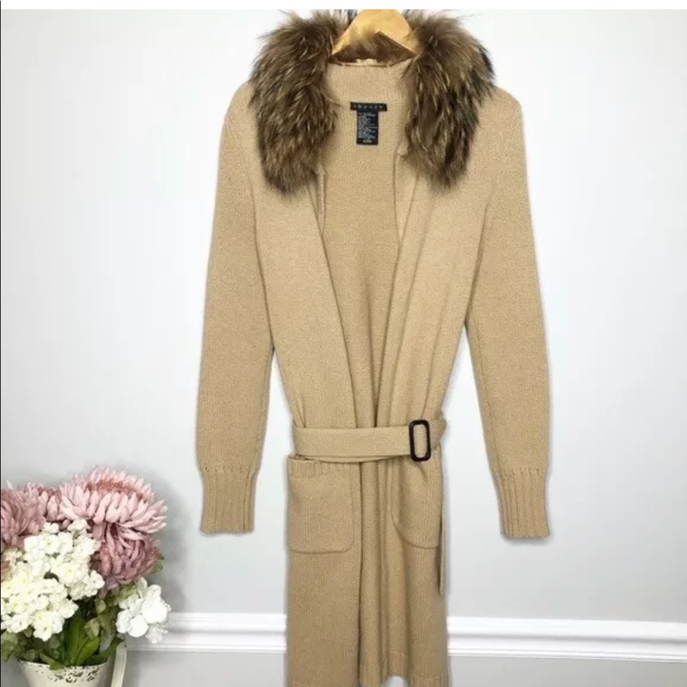 Theory cashmere sweater cardigan jacket fur collar